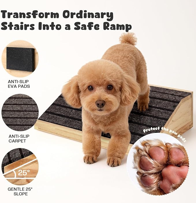 3-Pack Wooden Dog Ramp for Stairs, Anti-Slip Pet Steps for Small Dogs with Carpet Surface, Low-Angled Pet Ramps for Staircase, Steps and Stairs Assist for Injured & Aged Pets, Stairs Ramp for Dogs