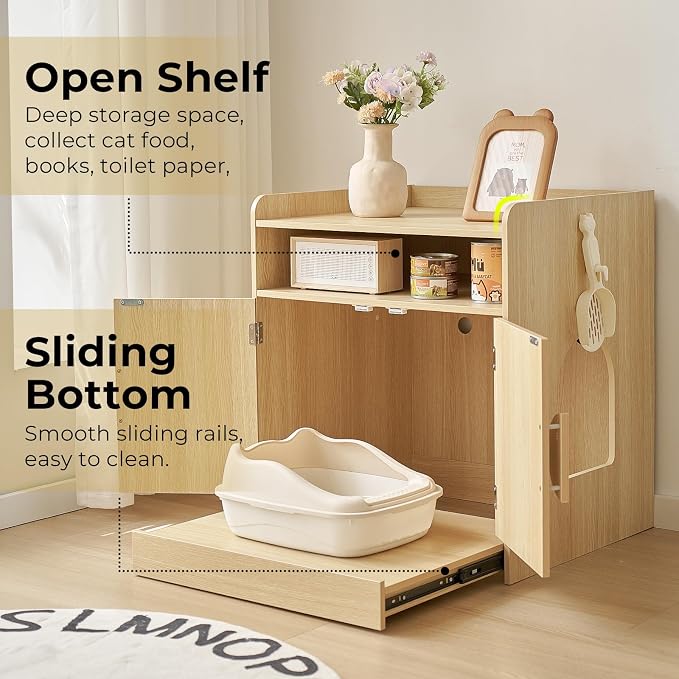 Cat Litter Box Enclosure with Pull-Out Drawer, Hidden Cat House Furniture with Storage Shelf & Cat Door, Indoor Kitty Washroom Cabinet with Litter Scoop Holder, Natural Wood