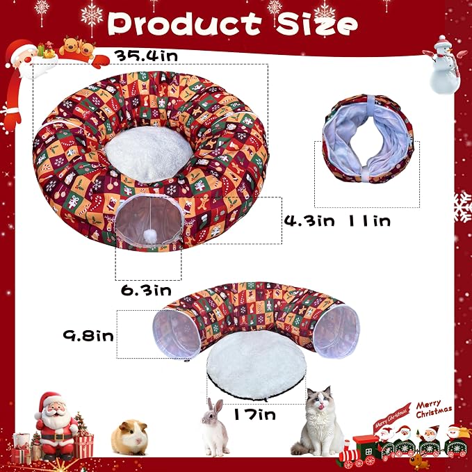 Cat Tunnel Bed in 3FT x 3FT x 9.8IN - Christmas Style with Star, Snowflakes, Socks, Reindeer, Gingerbread People, Balloons, Bell & Candy Patterns - Red Color Perfect for Festive Felines