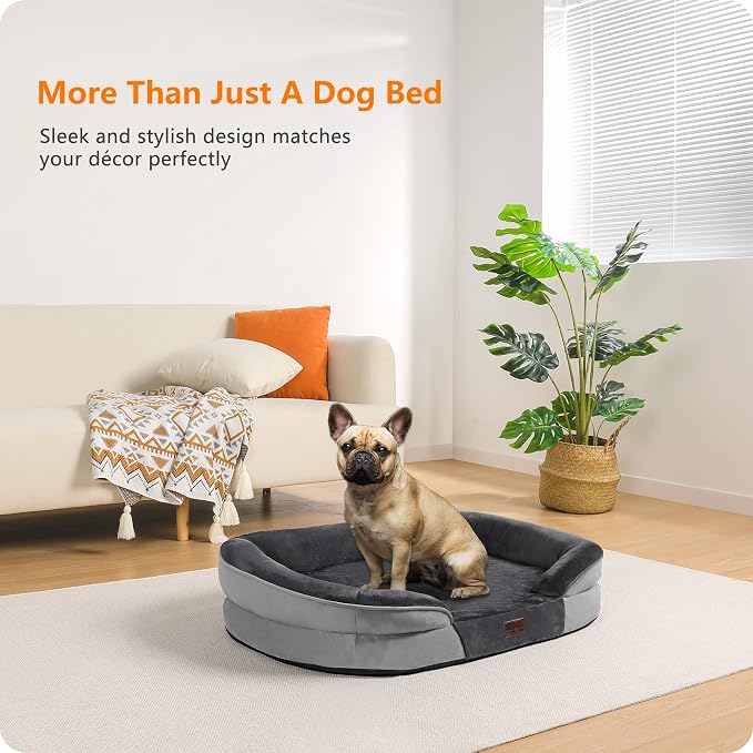 Dwanton Orthopedic Dog Bed for Medium Dogs with Gel Memory Foam, Waterproof Dog Sofa, Washable Pet Bed with Four Sided Bolster Cushion, Removable Cover & Non-Slip Bottom, 28", Dark Grey