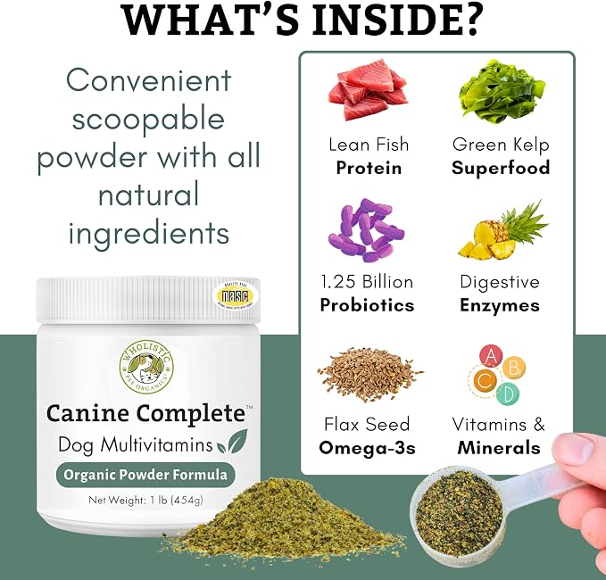 Wholistic Pet Organics Canine Complete - Dog Multivitamin Powder - 1 Lb - Daily Dog Vitamins and Supplements for Homemade Food - Immune System, Skin, Coat & Overall Health - All Breeds - 45 Scoops