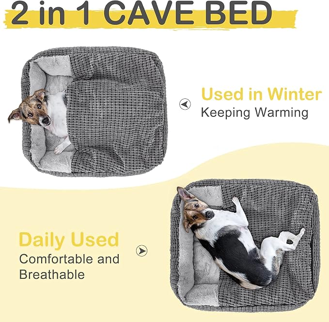 GASUR Dog Beds for Small Dogs with Cover Cave, Cat Beds for Indoor Cats, Rectangle Hooded Dog Puppy Bed with Blanket, Cozy Anti-Anxiety, Anti-Slip Bottom and Machine Washable (20", Grey)