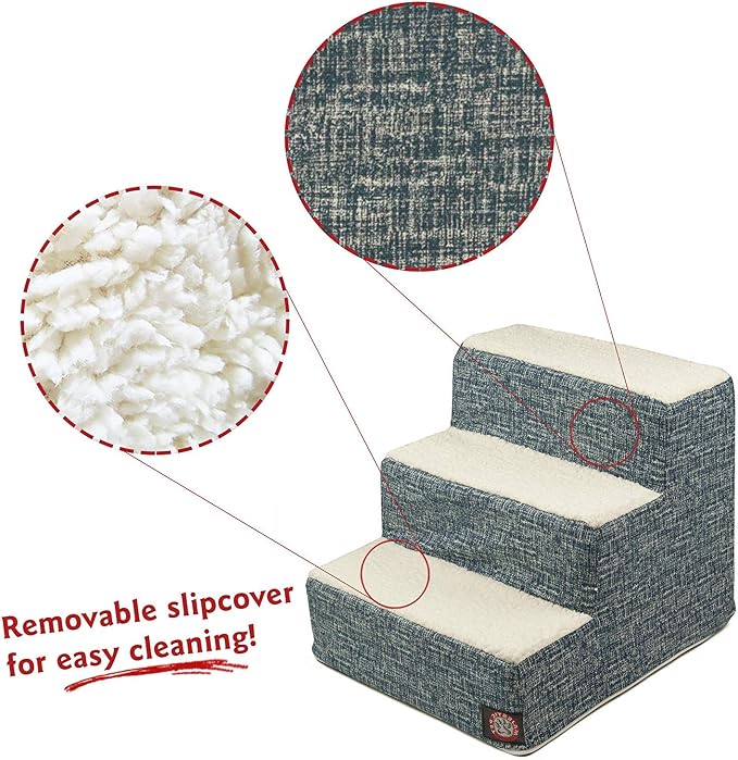 Majestic Pet 3 Step Portable Dog Stairs for Small Dogs to get on Bed Supports 250 lbs or Less – Dog Steps for High Bed with Machine Washable Cover Pet Stairs for Cats Palette Heathered Navy Blue Denim