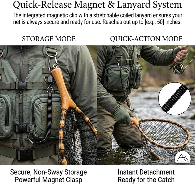 Floating Handcrafted Bamboo Fly Fishing Landing Net, Solid Wood Handle, Soft Rubber Coated Mesh for Trout, Kayak & Stream Fishing, Includes Magnetic Release & Safety Lanyard