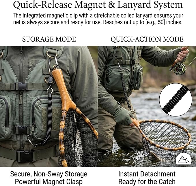 Floating Handcrafted Bamboo Fly Fishing Landing Net, Solid Wood Handle, Soft Rubber Coated Mesh for Trout, Kayak & Stream Fishing, Includes Magnetic Release & Safety Lanyard