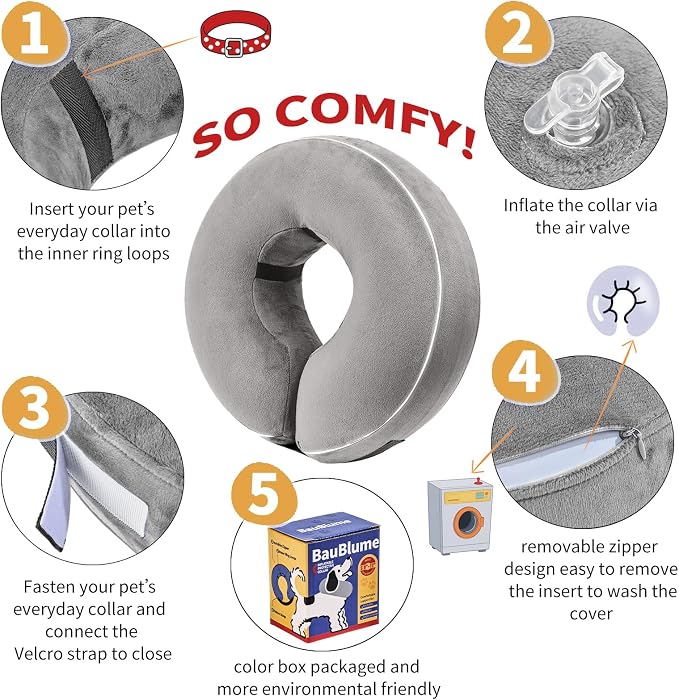 Inflatable Reflective Dog Cone Collar Alternative After Surgery,Doggie Recovery Dount Neck Ecollar,Adjustable Soft Dog Cone Collar for Small Medium Large Dogs (Grey, S)