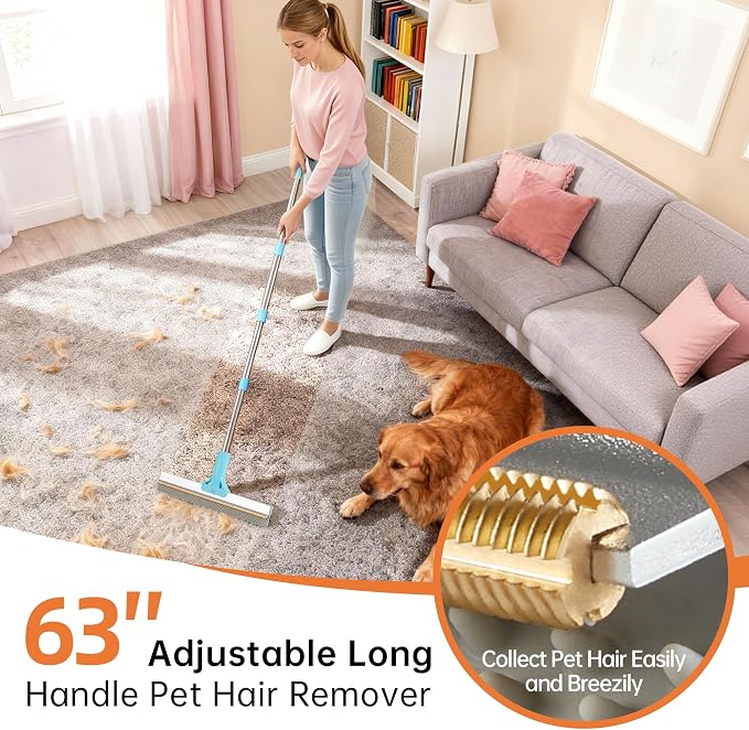 Carpet Rake for Pet Hair Removal Tool, 2 in 1 TPU and Copper Rake Teeth Uproot Clean Hair Remover with 63’’ Adjustable Long Handle,Cat & Dog for Carpets,Rugs, Mats (63’’ Handle)