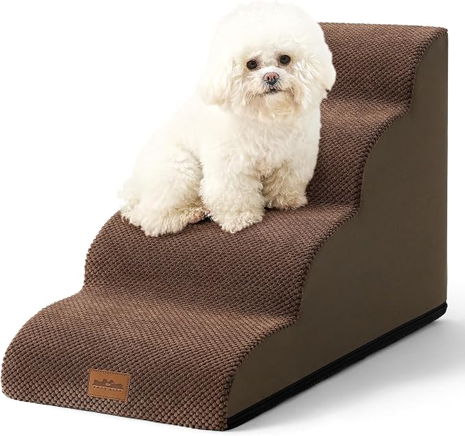 COZY KISS Wide Dog Stairs for Small Dog 19.7" H, Pet Step for Puppy, Older Cat, Curved Ramp for Bed, Durable Anti-Slip Ladder with High Density Foam, 4 Step, 17.7x28x19.7 inch, Brown