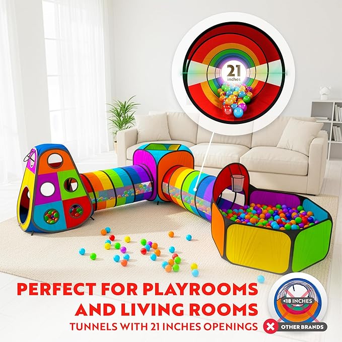 Playz 5pc Kids' Play Tents & Tunnels - Ball Pit for Toddlers, Basketball Hoop, Crawling Tubes, Pop-Up Playhouses, Baby Obstacle Course for Indoor or Outdoor Use