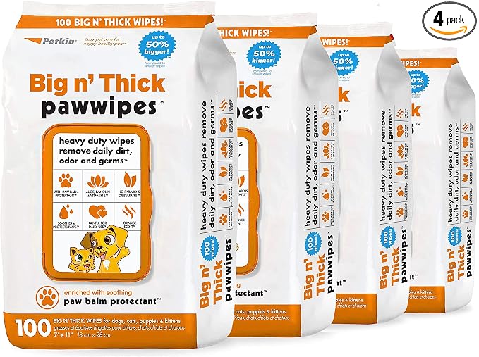 Petkin Big N' Thick Paw Wipes for Dogs, 100 Large Wipes (4 Pack) - Clean Dirty Paws After Walks, with Paw Balm Protectant - Keep Floors and Furniture Clean - Ideal for Home or Travel - Orange Scent