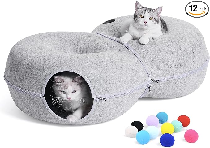 8-Shaped Large Cat Tunnel Bed for Indoor Cats, Infinite Circulation Peekaboo Cat Cave with 12 Toy Balls, Cat Donut Tunnel for Cats up to 30 Pounds (Light Grey, L 38x24x11in)