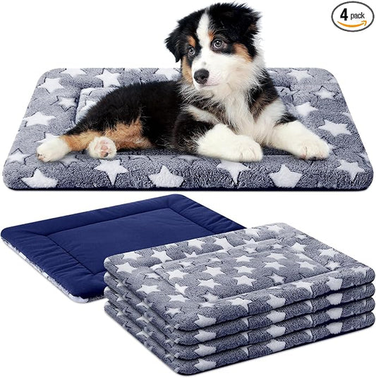 VitalCozy 4 Pcs Dog Crate Pads, Ultra Soft Warm Washable Anti-Slip Kennel Bed Mat for Pets, Reversible, Replaceable, Cage Liner for Small Medium Large Dogs and Cats(18 x 24 x 1.6 Inch,Star,Blue)