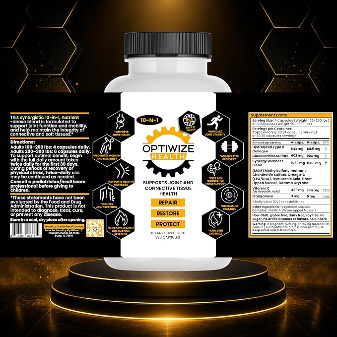 OptiWize 10-N-1 Joint Support Hydrolyzed Collagen,MSM, Hyaluronic Acid, Glucosamine,Chondroitin & More- Targets Joint Discomfort, Improves Mobility & Flexibility 320 Caps for Men & Women Made in USA