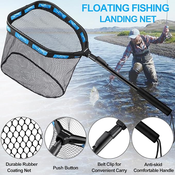 PLUSINNO Floating Fishing Net for Steelhead, Salmon, Fly, Kayak, Catfish, Bass, Trout Fishing, Rubber Coated Foldable Landing Net with Fixed or Telescoping Pole Handle, Fishing Gear and Gifts for Men