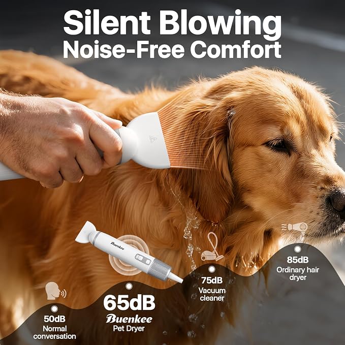 Buenkee Dog Dryer Handheld Pet Hair Dryer, 3HP High-Velocity Blower with 3 Speeds & 4 Temps Lightweight, Quiet Design. Portable Blow for Travel & Home Grooming. Includes 3 Nozzles (White)