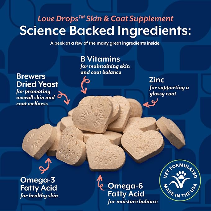 NaturVet Love Drops Plus Omegas Skin & Coat Supplement for Dogs and Cats – for Dog Skin, Cat Coats – Includes Brewer’s Dried Yeast, Omega-3, Omega-6 – Peanut Butter Flavor – 200 Ct.