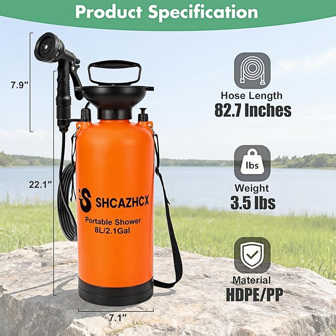 Portable Shower, 2.1 Gallon (8L) Portable Water Sprayer for Camping, Beach, Surfing, Hiking & Travel | Camping Shower with 10 Spray Modes, Nylon Insulated Cover, Orange