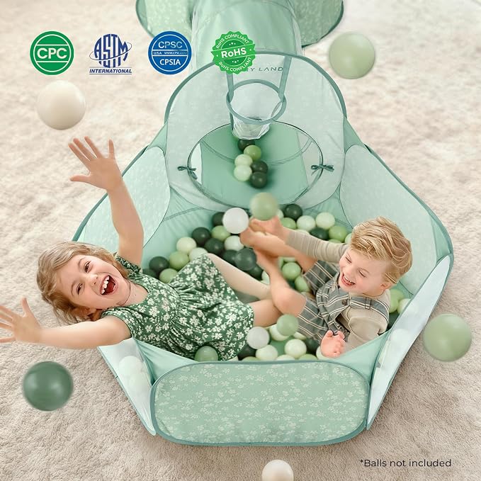 Tiny Land 3-in-1 Kids Play Tunnel with Ball Pit & Tent, Pop Up Crawl Tunnel for Toddlers, Indoor & Outdoor Baby Play Tunnel, Foldable Crawling Tunnel Toy, Gift for 2 Year Old Girl & Boy, Green