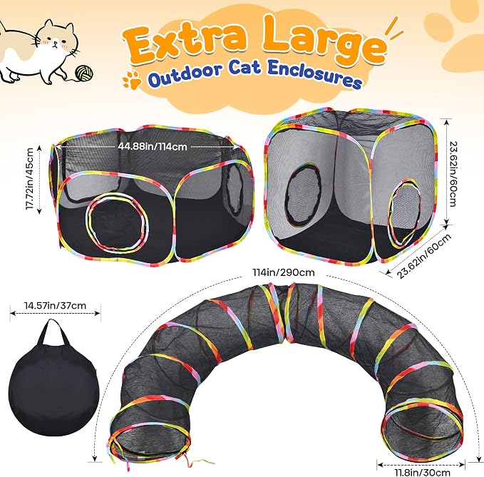 Petizer Outdoor Cat Enclosures - Upgrade 3-in-1 Outdoor Catio Set with Extra Large Tents & Tunnel for Yard & Travel, Portable Cat Playpen for Kittens, Cats, Puppies & Small Animals with Storage Bag