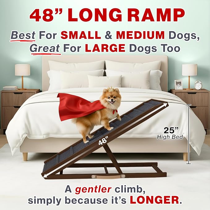 Adjustable Dog Ramp for Bed - 48" Long Foldable Wooden Ramp for Dogs to Get on Bed, Couch, or Car with 16.5" Wide Walking Space (Walnut Wood with Gray Carpet)