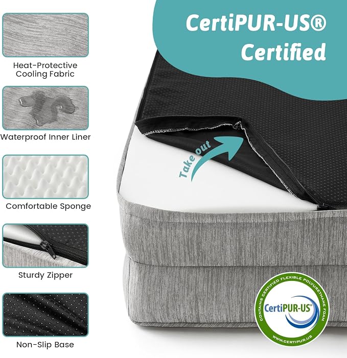 COZY KISS Cooling Dog Bed for Extra Large Dogs, 48"x32" Orthopedic Foam Sofa with Bolster Sides, Q-Max >0.4 Cooling Technology, Cool Pet Bed with Removable Washable Cover, Grey