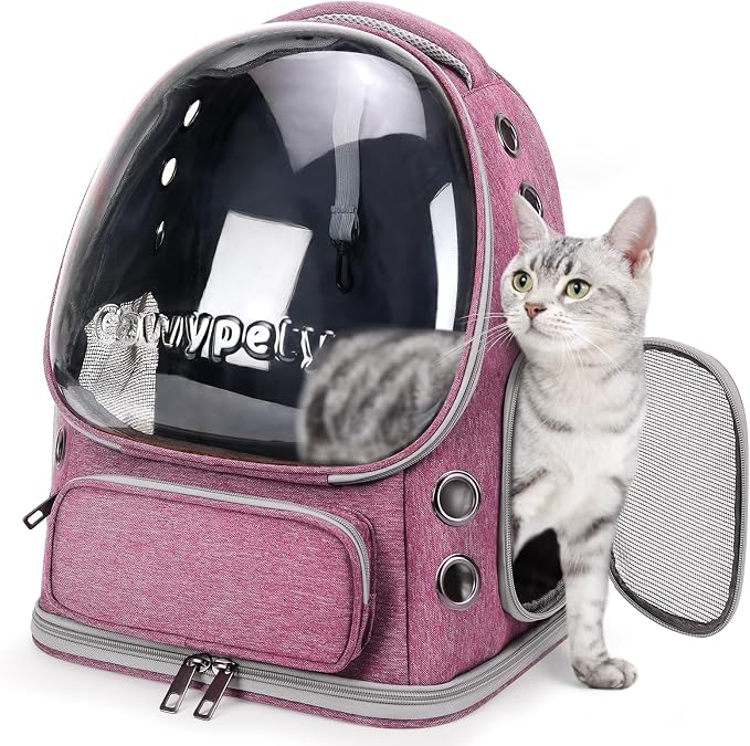 Cawypety Cat Backpack Carrier, Breathable Cat Carrier Large Space Bubble Pet Backpack for Kitty Small Dog up to 12lbs, Transparent & Foldable Pet Carrier for Travel Hiking（Pink）