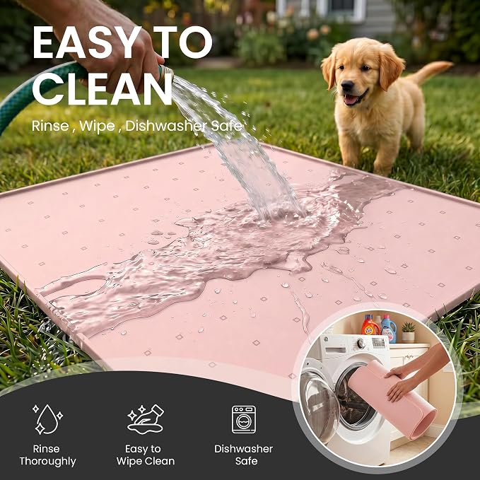Silicone Pet Feeding Mat, 26x26 Inch Waterproof Dog Bowl Mat – Non-Slip, Machine Washable, Thin 0.28 Inch Edge for Messy Eaters, Protects Hardwood & Tile Floors, Pink