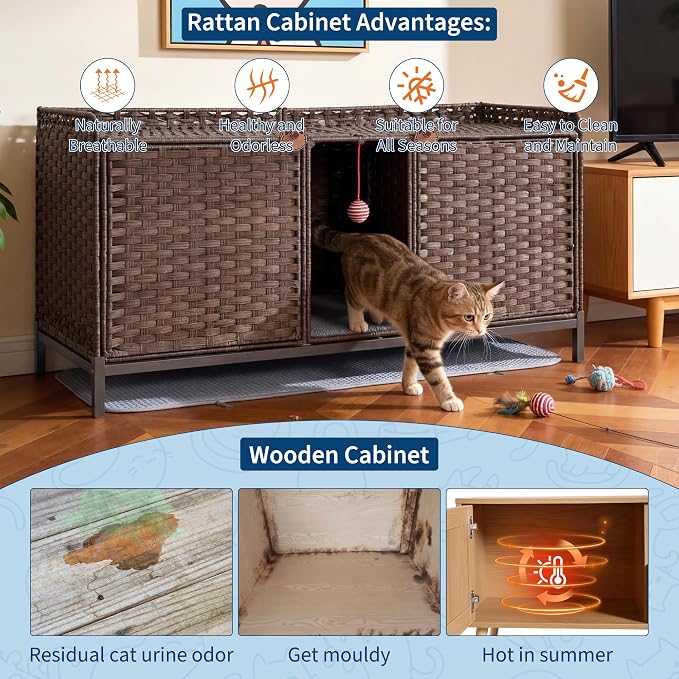 Rattan Litter Box Enclosure Double Cat Hidden Litterbox Furniture with Removable Litter Mat,Ball & 2 Hooks, Natural Cat House End Table, Easy Assembly, 47.2" l x 19.7" w x 23.6" h Brown