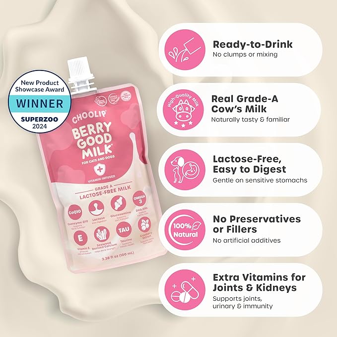 Choolip Berry Good Milk for Cats & Dogs – Lactose-Free Pet Milk Pouches – Vet-Formulated Hydrating Drink with Cranberry, CoQ10, Glucosamine & Omega-3 (100mL x 8 Pouches)