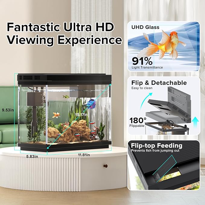 Vehipa Fish Tank 2.4 Gallon Aquarium with Heater, 3-in-1 Silent Pump with Filteration & Oxygenation & Circulation, 7-Color Timer Cycle Light, Temperature Display, Humidifier, HD Glass Fish Bowl