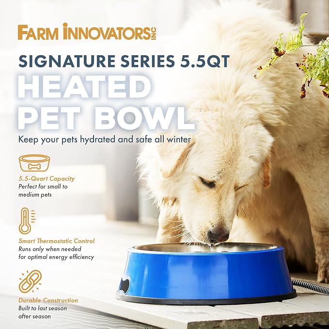 Farm Innovators Heated Pet Water Bowl, 60W Heated Water Dish - 5.5 Quart Stainless Steel Watering Station with Anti-Chew Cord Protector for Dogs & Cats