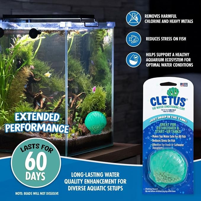 Cletus The Water Conditioning Clam - 6 Pack, Blue - Fish Tank & Aquarium Water Preparation, Chlorine Neutralizer & Heavy Metal Filtration
