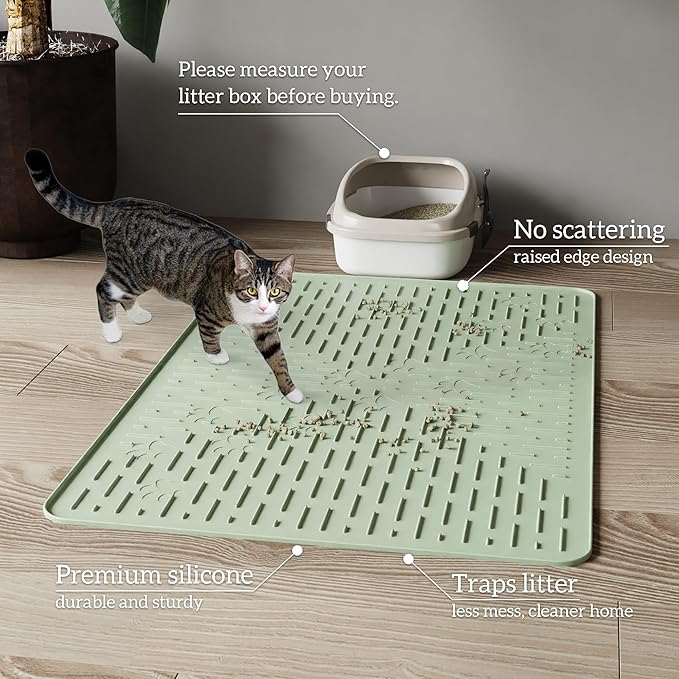 OHMO Cat Litter Mat XXL Trapping Mat Premium Silicone Rubber 37.5x25.2 Sage Green, Waterproof and BPA Free Kitty Litter Box Mat, Easy to Clean and Keeps the Floor Tidy