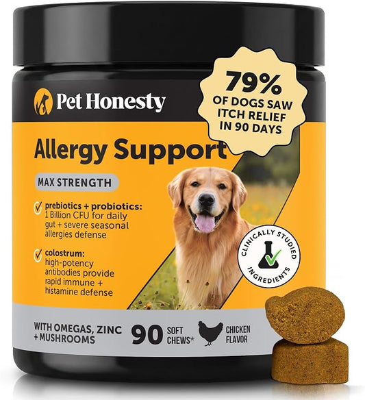 Max Strength Dog Allergy Relief Immunity Chews - Extra Strength Itch Relief - Paw Chewing, Licking & Scratching - Severe Seasonal Allergies Support with Colostrum, Zinc & Mushrooms (Chicken, 90 Ct)