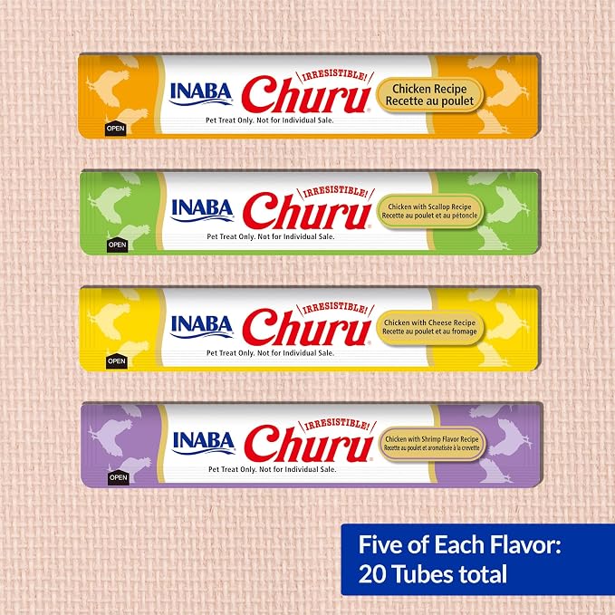 INABA Churu Cat Treats, Lickable, Squeezable Creamy Purée Cat Treat with Green Tea Extract & Taurine, 0.5 Ounces Each Tube, 20 Tubes, Chicken Variety