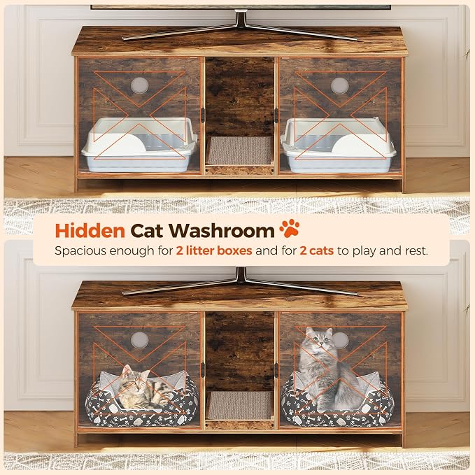 MAHANCRIS Cat Litter Box Enclosure for 2 Cats, 47.2" Hidden Litter Box Furniture with Double Room, Wooden Cat Washroom with Scratching Board, Indoor Cats House End Table, Rustic Brown CWHR1201