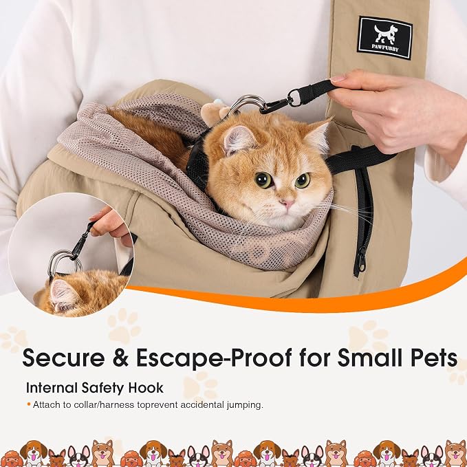 Pet Sling Carrier for Small Dogs and Cats 5-20lbs, Dog Sling with Adjustable Depth, Breathable Air Mesh Puppy Travel Bag, Water Resistant Fabric, Double Safety Leash, Machine Washable,Caramel