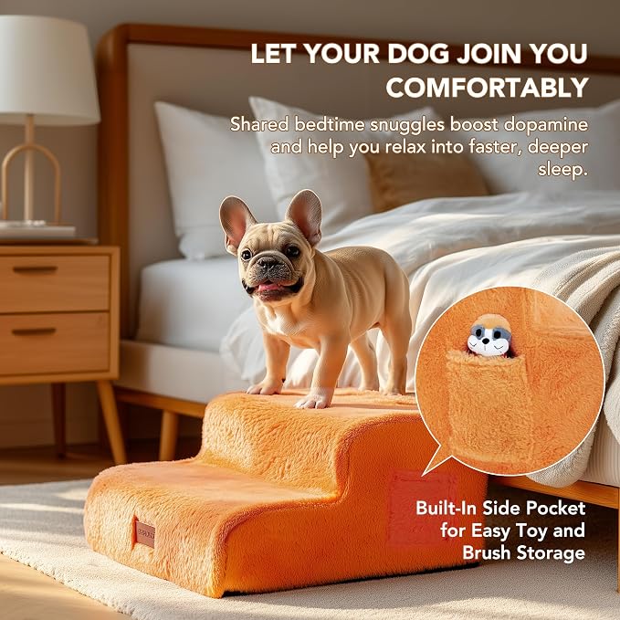PETNOVO Ultra-Soft Faux Fur Dog Stairs for Couch and Sofa, 2-Step Dog Steps for Small Dogs, Non-Slip Foam Pet Stairs, Washable Cover, 15.7" D x 15.7" W x 11.8" H, Orange