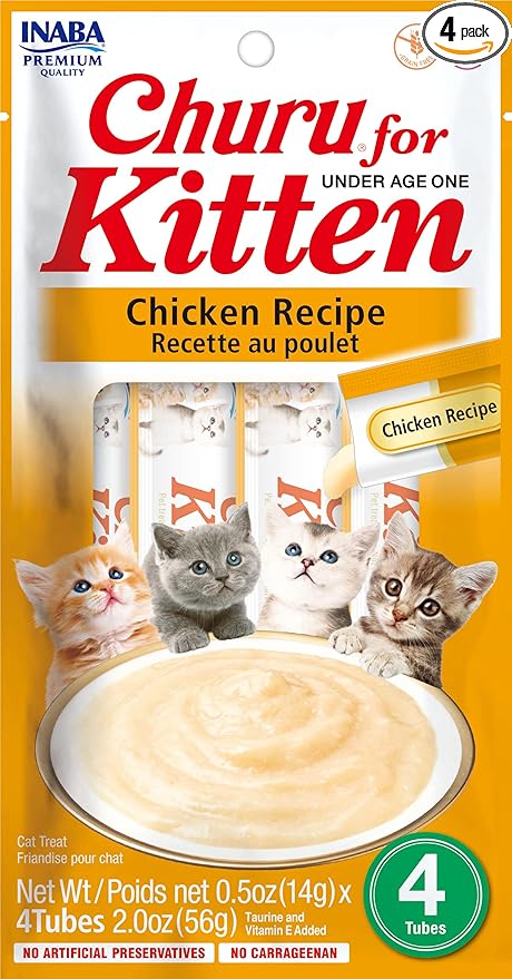 INABA Churu for Kittens, Grain-Free Creamy, Purée Lickable Cat Treats with DHA, EPA, Vitamin E & Taurine, 0.5 Ounces Each, 4 Tubes (1 Pack), Chicken Recipe
