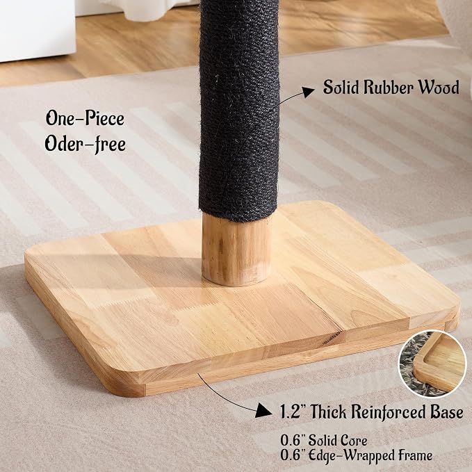29" Tall Solid Wood Cat Scratching Post for Indoor Cats, Extra Stable Heavy Base, Natural Sisal Scratcher with Hanging Ball, Furniture Protector for Kittens & Adult Cats, Beige