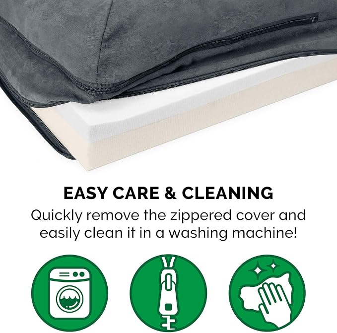Furhaven Memory Foam Dog Bed for Large/Medium Dogs w/ Removable Bolsters & Washable Cover, For Dogs Up to 55 lbs - Two-Tone Plush Faux Fur & Suede L Shaped Chaise - Stone Gray, Large