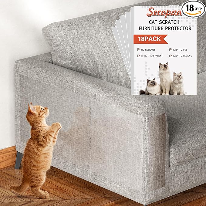 Secopad 18 PCS Large Cat Scratch Furniture Protector, Transparent Couch Protector from Cat Claws, Single-Sided Self Adhesive Anti Pet Deterrent Sofa Cover, 14IN