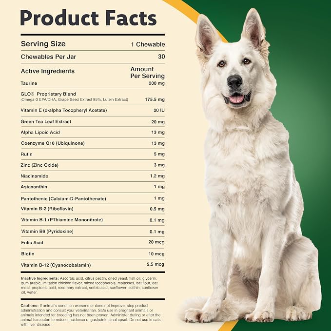 Ocu-GLO Cat & Dog Supplement for Eye Support - Chewable Vision Vitamins Supplements for Large and Small Pets Care with Lutein, Omega-3 Fatty Acids, Grape Seed Extract & Antioxidants