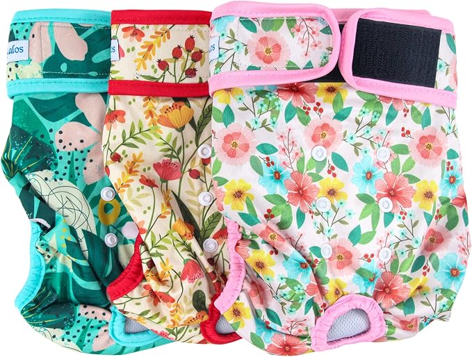 Leekalos Reusable Washable Dog Diapers Female (3 Pack) - Highly Absorbent Doggie Diapers - Size Adjustable Puppy Diapers for Dog Period Panties (Large, Flora)