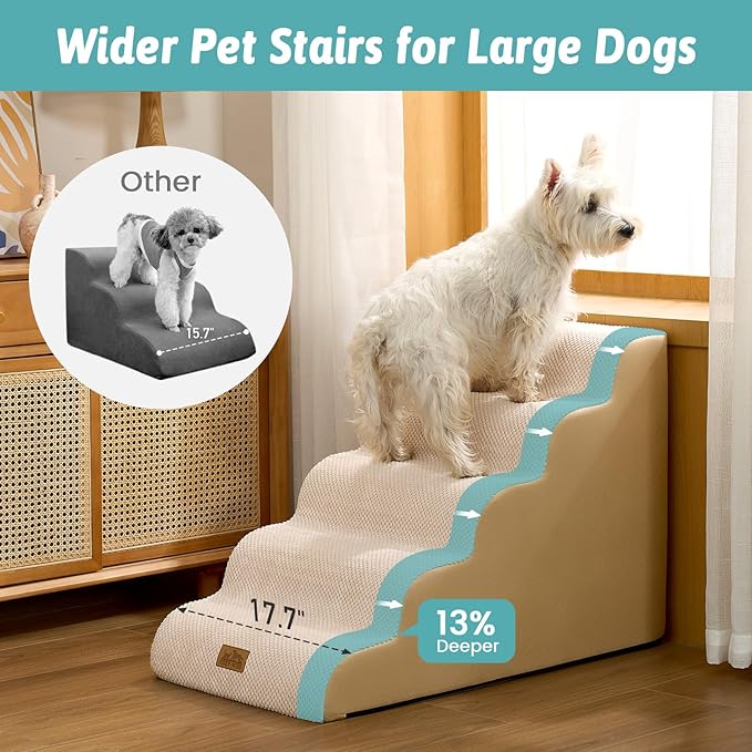 COZY KISS Wide Dog Stairs for Small Dog 22.6" H, Curved Pet Step for Puppy, Older Cat, Curved Ramp for High Bed or Car, Ladder with High Density Foam, Durable, 5 Step, 17.7x33x22.6 inch, Beige