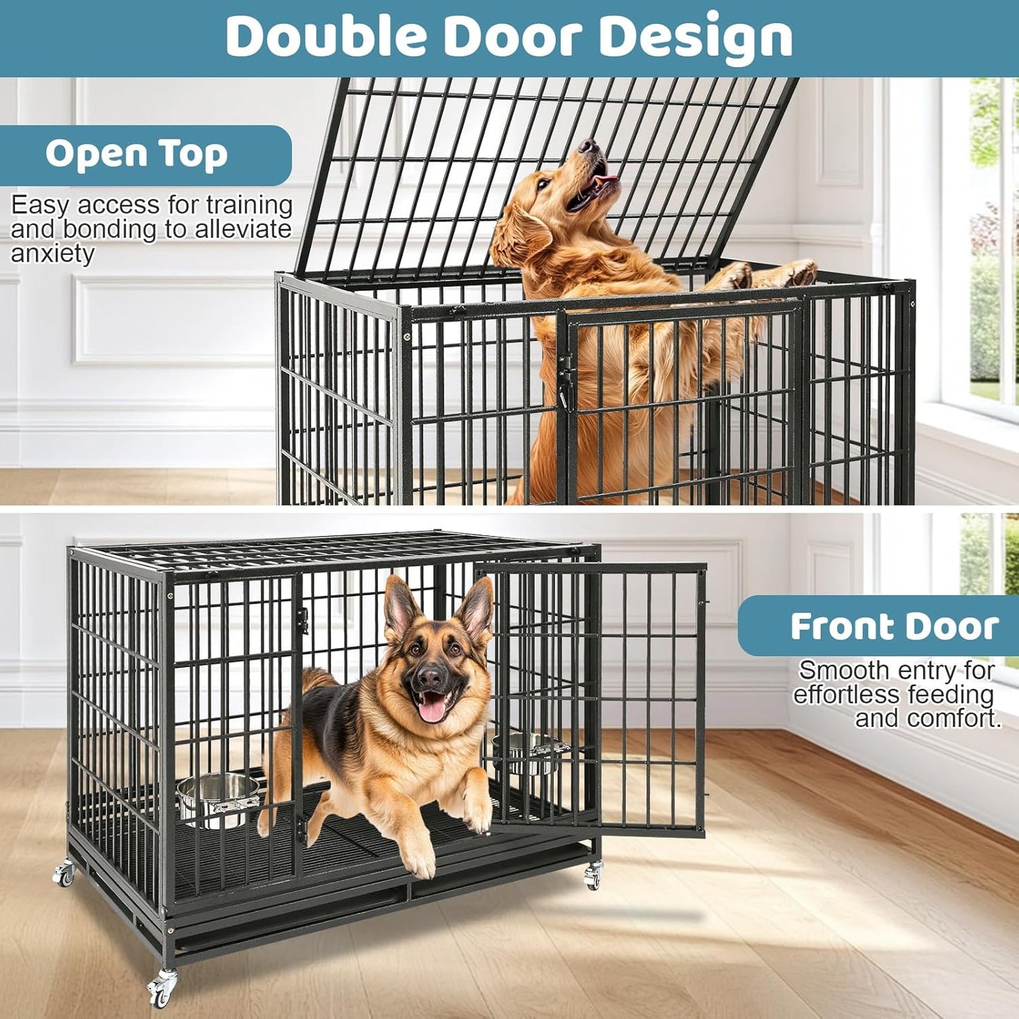 48 Inch Heavy Duty Dog Crate, Indestructible Escape Proof Big Cage for High Anxiety Large Dogs, Stackable & Collapsible XL Dog Kennel Indoor with Wheels,Dual Trays,Adjustable Bowl,Top Access