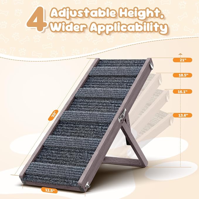 Pawaboo Foldable Dog Ramp, Small Dog Ramp for Couch, 4 Adjustable Height from 13'' to 21", Stable Pet Steps with Non-Slip Pad, Portable Pet Ramps Use for Couch Sofa Stairs, Grey Purple