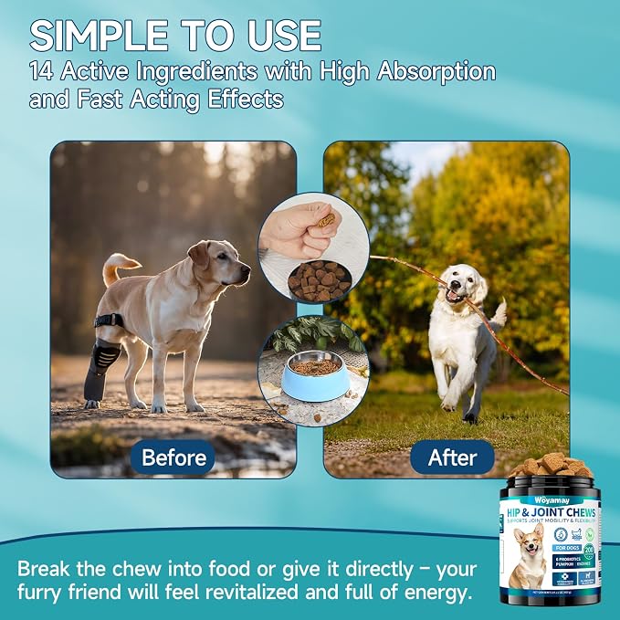 Woyamay Dog Joint Support & No Chew Spray Bundle - 200 Glucosamine Chews with Chondroitin, MSM & Turmeric + Bitter Apple Spray for Chewing, Licking & Training - Mobility & Behavior Solution