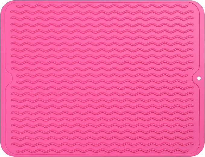 MicoYang Silicone Dish Drying Mat — Quick-Dry Ridges Counter & Sink Pad, Heat-Resistant Trivet to 450°F, Non-Slip & Dishwasher Safe, Roll-Up Storage, 18 Colors & 9 Sizes (Rose, 16"×12")