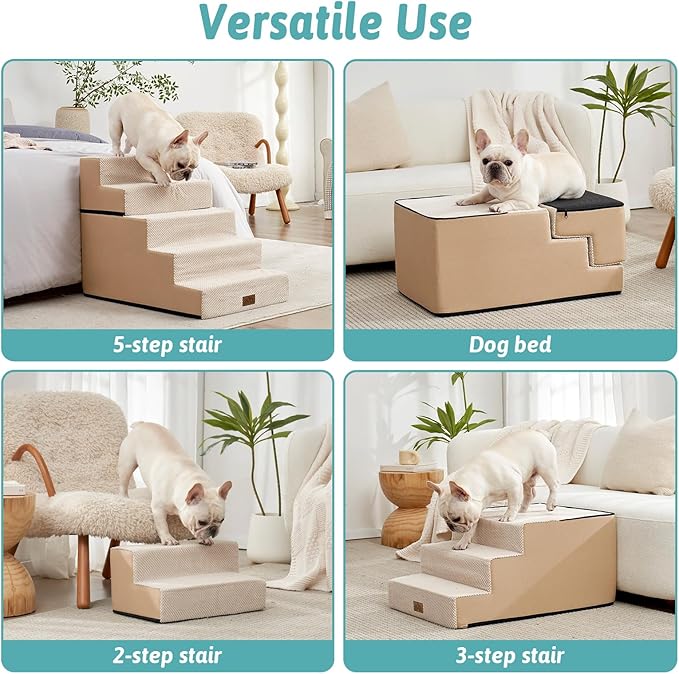 COZY KISS Dog Stairs for Small Dogs, 17.7" Extra Wide Detachable Pet Stairs for Couch and Bed, 23.6" H Non-Slip Dog Steps for Puppies and Old Cats, 17.7x29.5x23.6 inch, Beige